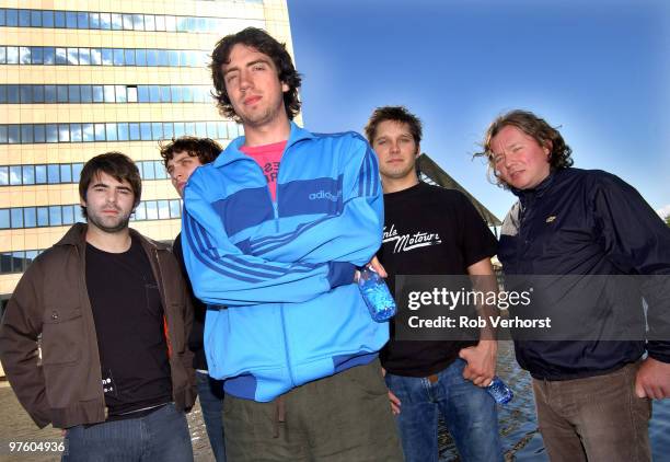 Mark McClelland, Nathan Connolly, Gary Lightbody, Jonny Quinn and Tom Simpson of Snow Patrol pose for a group portrait on July 6th 2004 in Amsterdam,...