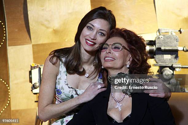 Margareth Made and Sophia Loren attend the ""La Mia Casa E' Piena Di Specchi"" photocall at Sala Fellini Cinecitta on March 10, 2010 in Rome, Italy.