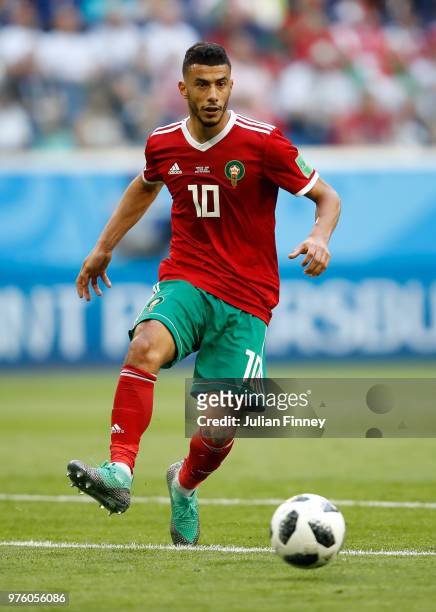 Younes Belhanda of Morocco in action during the 2018 FIFA World Cup Russia group B match between Morocco and Iran at Saint Petersburg Stadium on June...