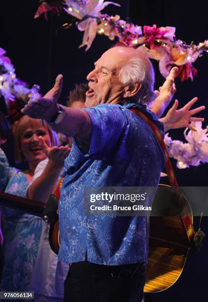 Jimmy Buffett onstage at "Escape to Margaritaville" on Broadway at The Marquis Theatre on June 15, 2018 in New York City.