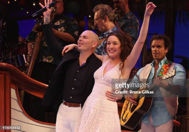 Pitbull and Alison Luff onstage as Pitbull makes his broadway debut as he guest stars in the hit Jimmy Buffett Musical "Escape to Margaritaville" on...