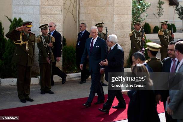 Vice President Joe Biden walks to a joint press conference with Palestinian President Mahmoud Abbas after their meeting at the Presidential compound...