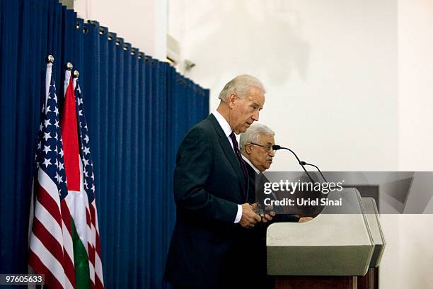 Vice President Joe Biden holds a joint press conference with Palestinian President Mahmoud Abbas after their meeting at the Presidential compound on...