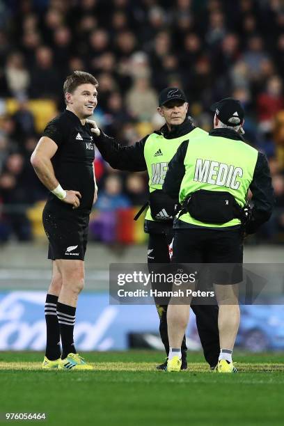 Beauden Barrett of the All Blacks is tested for concussion during the International Test match between the New Zealand All Blacks and France at...