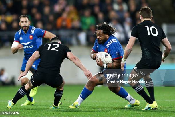 Mathieu Bastareaud of France runs at Ryan Crotty of New Zealand during the International Test match between the New Zealand All Blacks and France at...