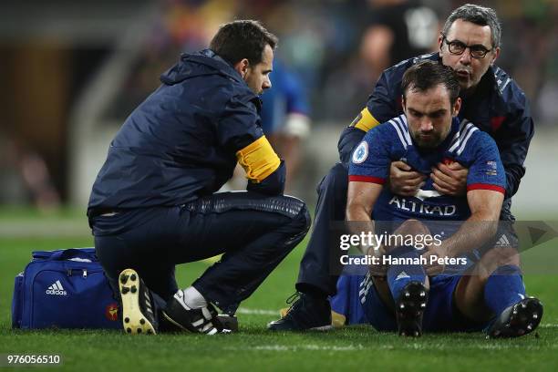 Morgan Parra of France sits injured during the International Test match between the New Zealand All Blacks and France at Westpac Stadium on June 16,...