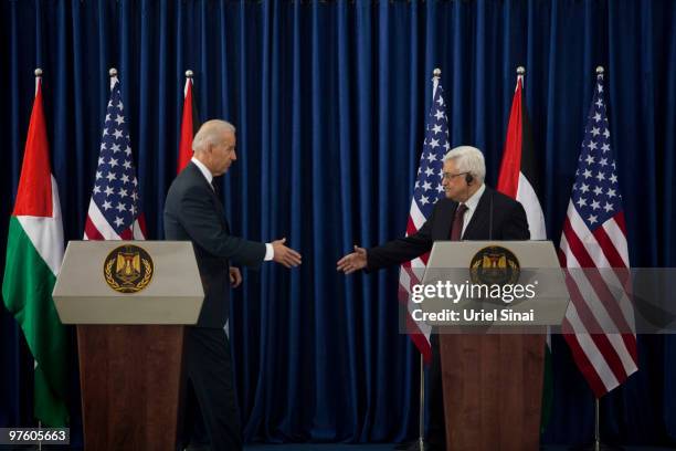 Vice President Joe Biden holds a joint press conference with Palestinian President Mahmoud Abbas after their meeting at the Presidential compound on...