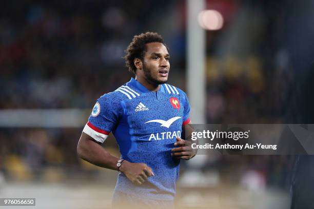 Benjamin Fall of France leaves the field after receiving a red card from Referee Angus Gardner during the International Test match between the New...