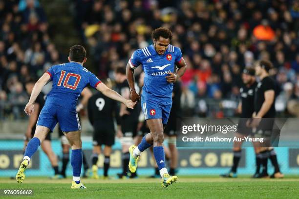 Benjamin Fall of France leaves the field after receiving a red card from Referee Angus Gardner during the International Test match between the New...