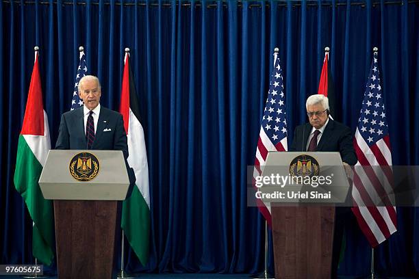 Vice President Joe Biden holds a joint press conference with Palestinian President Mahmoud Abbas after their meeting at the Presidential compound on...