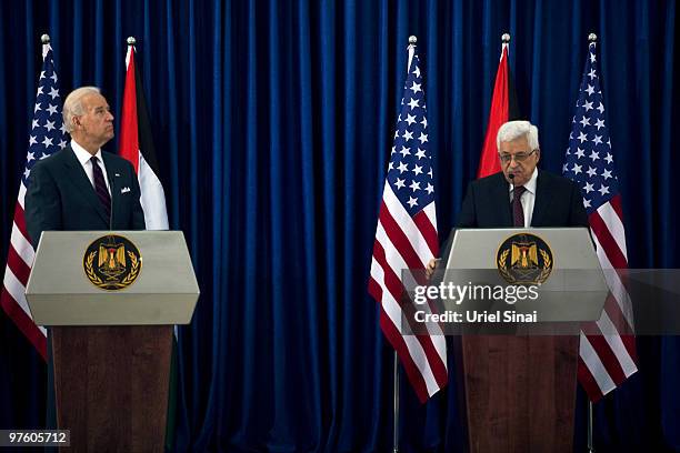 Vice President Joe Biden holds a joint press conference with Palestinian President Mahmoud Abbas after their meeting at the Presidential compound on...