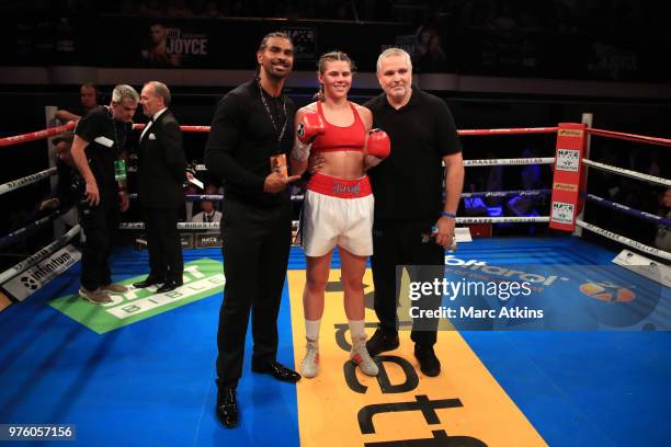 Savannah Marshall poses with promotor David Haye after victory over Alejandra Ayala during the Super Middleweight fight between Savannah Marshall and...