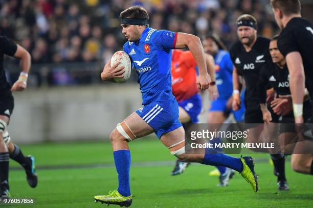 France's Kelian Galletier advances the ball during the second rugby Test match between New Zealand and France at Westpac Stadium in Wellington on...