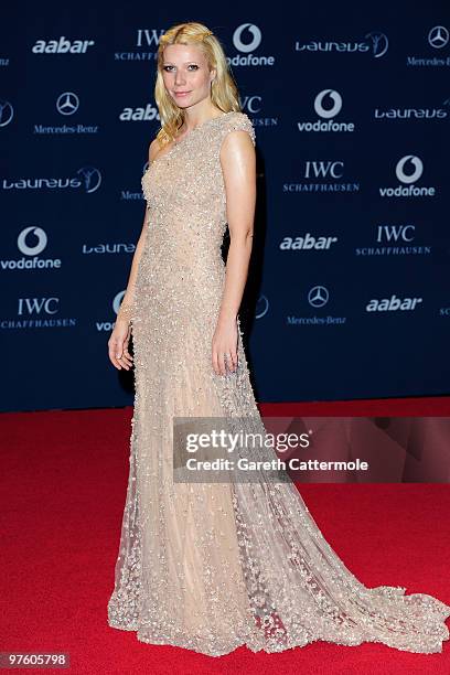 Actress Gwyneth Paltrow arrives at the Laureus World Sports Awards 2010 at Emirates Palace Hotel on March 10, 2010 in Abu Dhabi, United Arab Emirates.