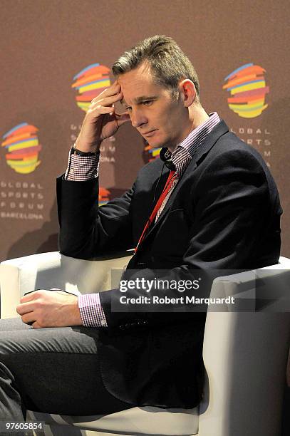 Inaki Urdangarin Liebaert, Chairman Telefonica International USA, attends a conference at the Global Sports Forum held at the Palau de Congressos on...