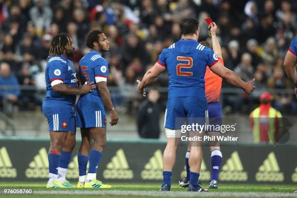 Benjamin Fall of France is shown a red card for a dangerous tackle during the International Test match between the New Zealand All Blacks and France...