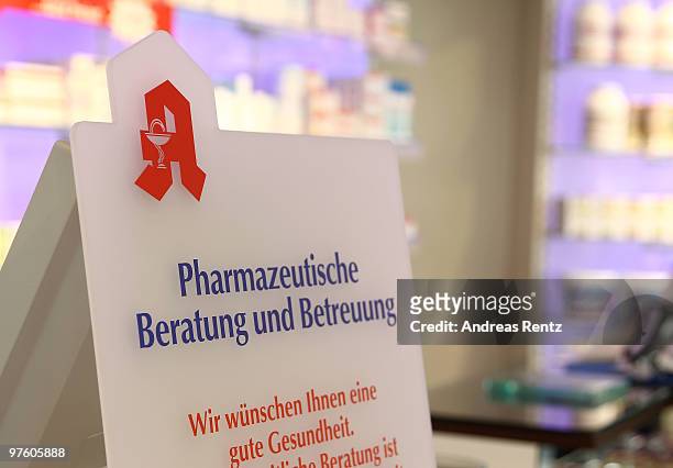 Sign that reads 'pharmaceutical consultation and consultation' is pictured on March 10, 2010 in Berlin, Germany. German Health Minister Philipp...
