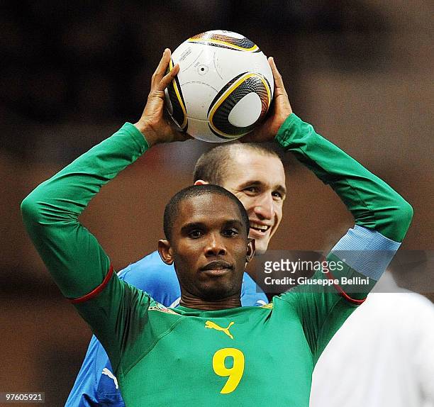 Samuel Eto'o of Cameroon and Giorgio Chiellini of Italy in action during the International Friendly match between Italy and Cameroon at Louis II...