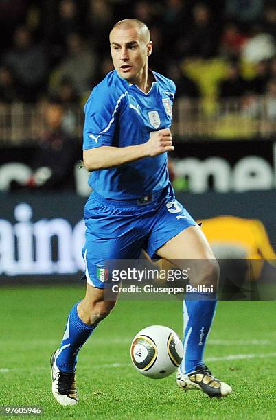 Fabio Cannavaro of Italy in action during the International Friendly match between Italy and Cameroon at Louis II Stadium on March 3, 2010 in Monaco,...