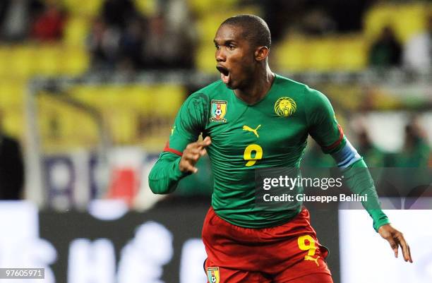 Samuel Eto'o of Cameroon in action during the International Friendly match between Italy and Cameroon at Louis II Stadium on March 3, 2010 in Monaco,...