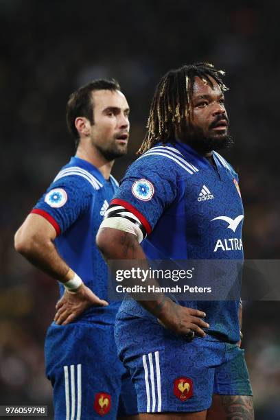Mathieu Bastareaud of France looks on during the International Test match between the New Zealand All Blacks and France at Westpac Stadium on June...