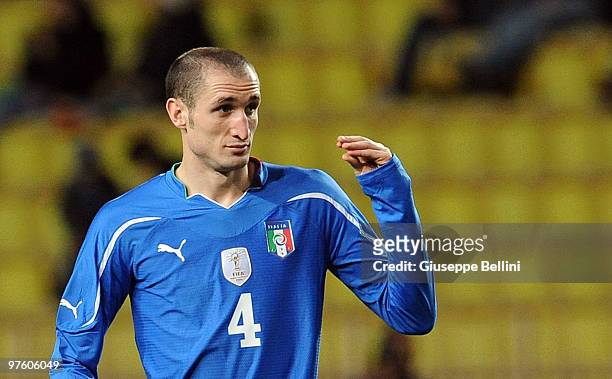 Giorgio Chiellini of Italy in action during the International Friendly match between Italy and Cameroon at Louis II Stadium on March 3, 2010 in...