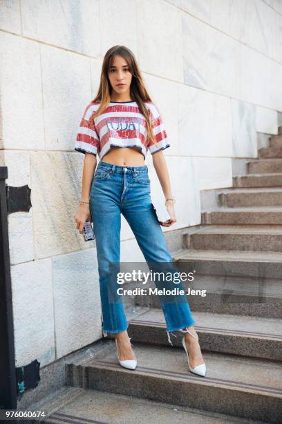 Ginevra Lambruschi in an Alberta Ferretti "Today" top outside the Alberta Ferretti Resort 2019 show during Milan Men's Fashion Week Spring/Summer...