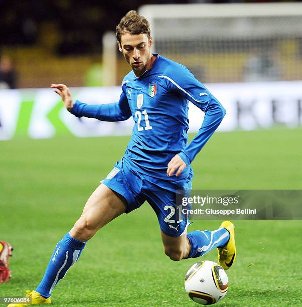 Claudio Marchisio of Italy in action during the International Friendly match between Italy and Cameroon at Louis II Stadium on March 3, 2010 in...