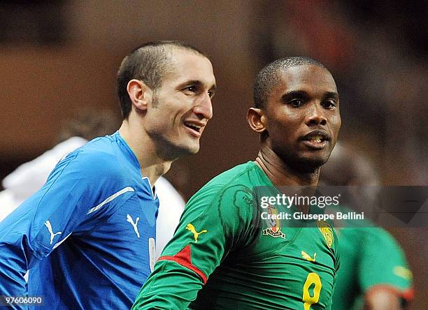 Giorgio Chiellini of Italy and Samuel Eto'o of Cameroon in action during the International Friendly match between Italy and Cameroon at Louis II...