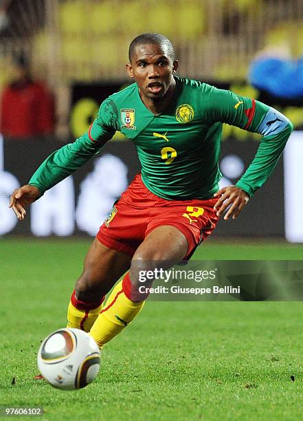 Samuel Eto'o of Cameroon in action during the International Friendly match between Italy and Cameroon at Louis II Stadium on March 3, 2010 in Monaco,...