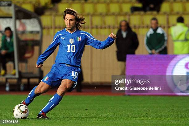 Andrea Pirlo of Italy in action during the International Friendly match between Italy and Cameroon at Louis II Stadium on March 3, 2010 in Monaco,...