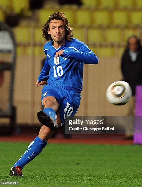 Andrea Pirlo of Italy in action during the International Friendly match between Italy and Cameroon at Louis II Stadium on March 3, 2010 in Monaco,...