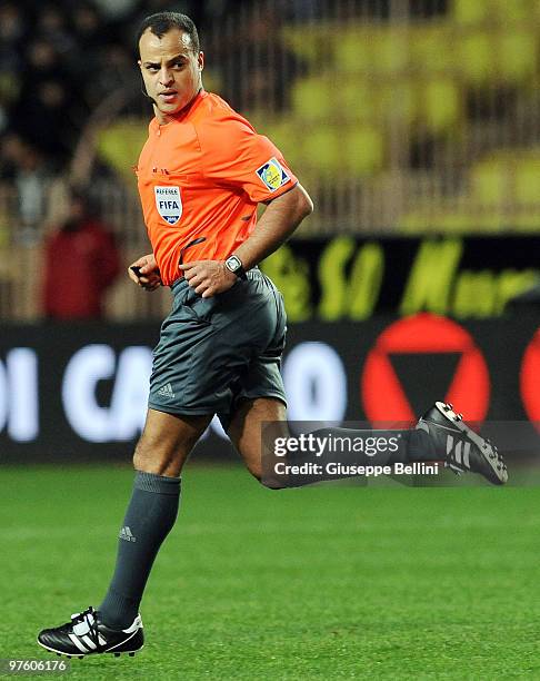 The referee Said Ennjimi in action during the International Friendly match between Italy and Cameroon at Louis II Stadium on March 3, 2010 in Monaco,...