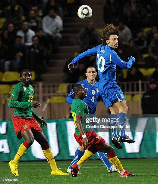 Andrea Pirlo of Italy in action during the International Friendly match between Italy and Cameroon at Louis II Stadium on March 3, 2010 in Monaco,...