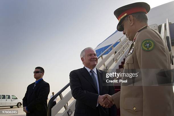 Defence Secretary Robert Gates is greeted by Saudi field marshal Saleh al-Muhaya , the Chief of Generals staff of the Saudi Arabian Army, upon his...