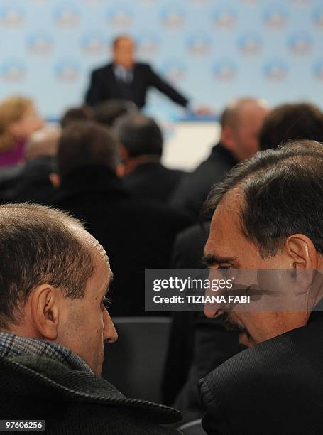 Italian minister of defence and coordinator of the Popolo della Liberta ruling party Ignazio La Russa speaks with Rocco Carlomagno , a freelance...