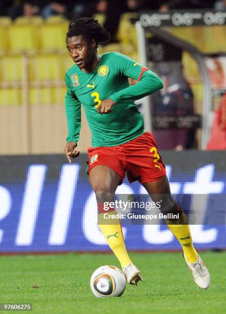 Nicolas Nkoulou of Cameroon in action during the International Friendly match between Italy and Cameroon at Louis II Stadium on March 3, 2010 in...