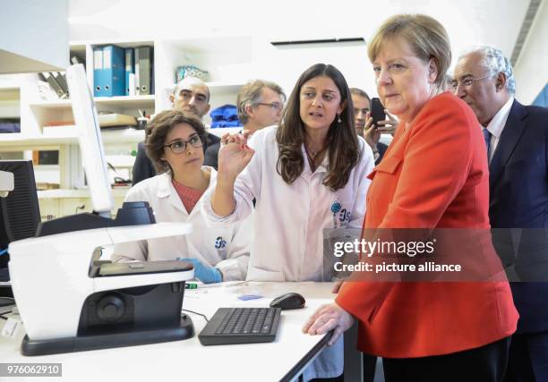 May 2018, Portugal, Lisbon: German Chancellor Angela Merkel and Portugese President António Costa speaking to students at the institute for health...