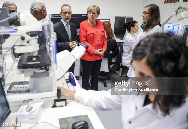 May 2018, Portugal, Lisbon: German Chancellor Angela Merkel, Portugese President António Costa and Director of the Institute for Health Research,...