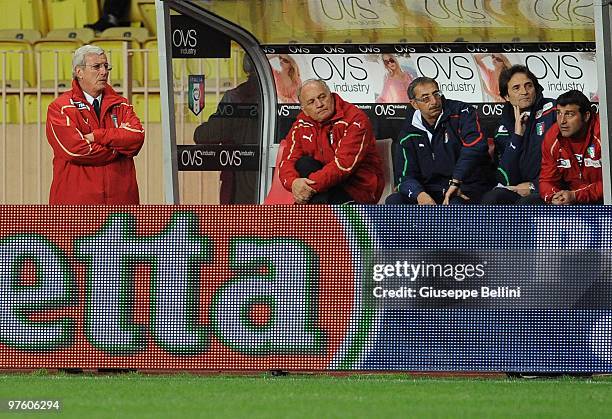 Marcello Lippi the head coach of Italy during the International Friendly match between Italy and Cameroon at Louis II Stadium on March 3, 2010 in...