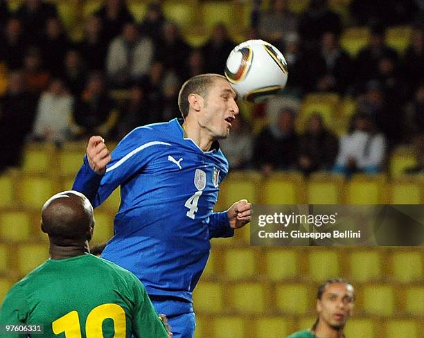 Giorgio Chiellini of Italy in action during the International Friendly match between Italy and Cameroon at Louis II Stadium on March 3, 2010 in...