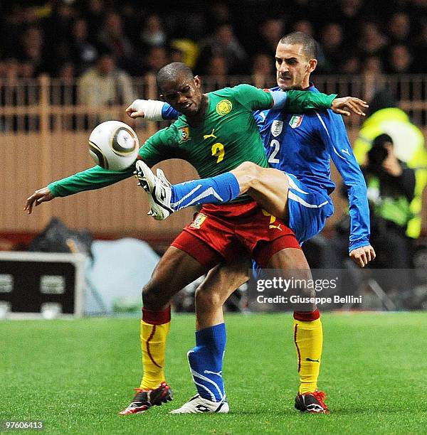 Samuel Eto'o of Cameroon and Leonardo Bonucci of Italy in action during the International Friendly match between Italy and Cameroon at Louis II...