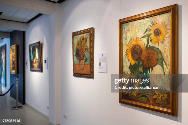 May 2018, Germany, Hamburg: A forgery by the Kunstsalon Posin of the painting "Seven sunflowers" by Vincent Van Gogh, displayed at the exhibition...