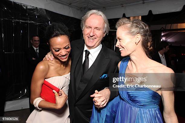 Zoe Saldana, James Cameron and Suzy Amis at 20th Century Fox - Fox Searchlight Pictures Oscar Party on March 07, 2010 at Boulevard 3 in Hollywood,...