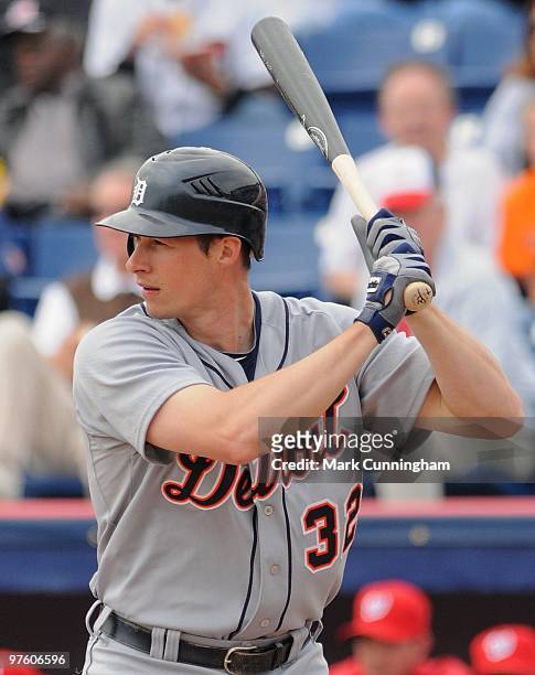Don Kelly of the Detroit Tigers bats against the Washington Nationals during a spring training game at Space Coast Stadium on March 9, 2010 in Viera,...