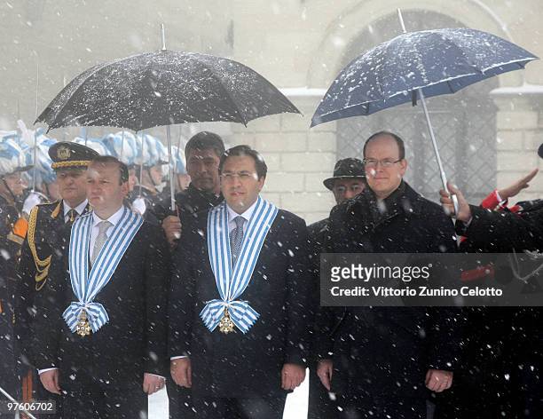 Stefano Palmieri, Francesco Mussoni and Prince Albert of Monaco pose at Palazzo Pubblico during the Prince Albert Of Monaco State visit to San Marino...