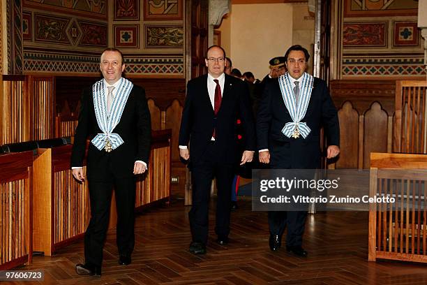 Stefano Palmieri, Prince Albert of Monaco and Francesco Mussoni during the Prince Albert Of Monaco State visit in San Marino held at Palazzo Pubblico...