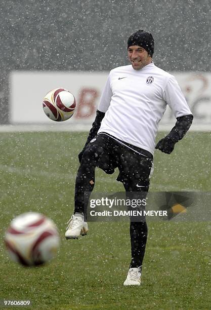 Juventus' forward Alessandro Del Piero attends a training session on the eve of their UEFA Europa League football round of 16 match against Fulham at...