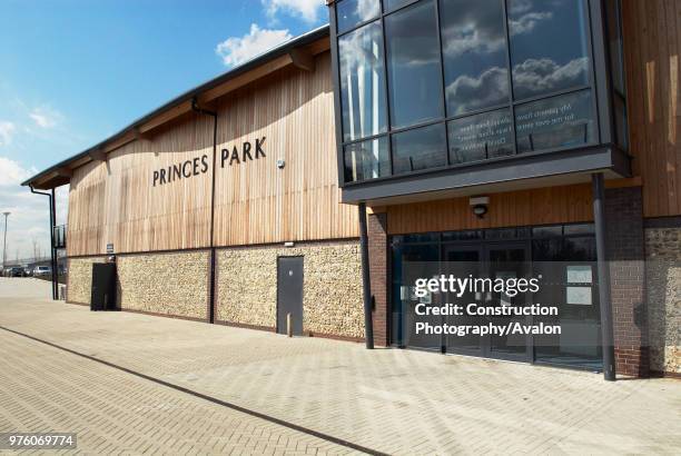 Wood pannelled facade at Princes Park, Dartford FC, South East London, UK.