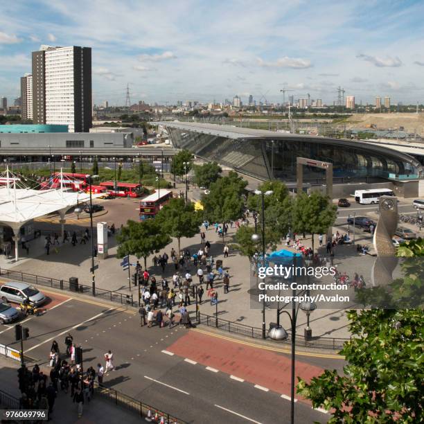 Stratford railway and underground station with the development of Westfield Stratford City under construction, East London, UK.